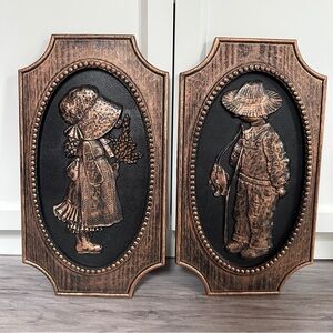 1976 Vintage Holly Hobbie & Robby Hobbie Wall Plaques Plastic Copper & Black